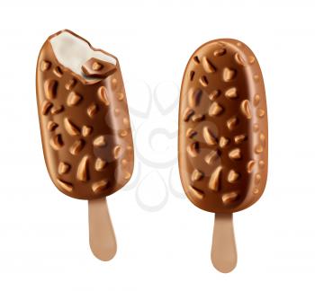 Realistic chocolate eskimo ice cream with glaze and nuts. Frozen dessert, sweet dairy product or 3d vector whole and bitten ice cream bar with sundae, chocolate glazing and peanuts on wooden stick