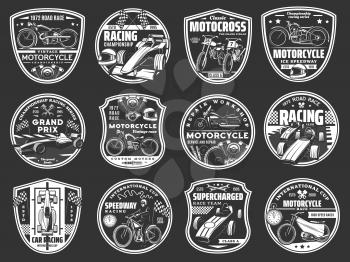 Motorcycle and car racing retro icons, motorsport road race team vector badges. Speedway cup, custom bikes workshop. Vintage motorbike, formula one classic cars, engine spare parts and racer helmet
