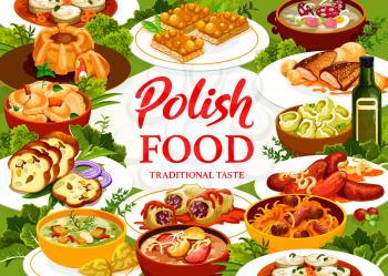 Polish cuisine restaurant poster. Carp with sauce, meatloaf ring with quail eggs and dumplings, Kalduny, Mazurka and cabbage rolls in tomato sauce, meat bread, sausages and Faramushka soup, Bigos