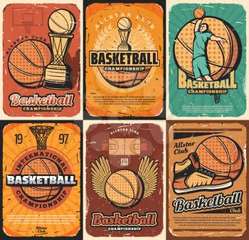 Basketball sport game championship or retro tournament match. Vector winner trophy cup, basket hoop and player, ball and boots, team game court. Competition on basketball, scoreboard and winged ball