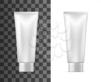 Cream tube mockup isolated on white and transparent. Vector cosmetic package, 3D plastic bottle with facial cream air conditioner. Realist container or plastic tube, shave or shower gel, lotion
