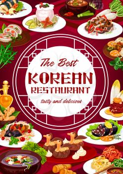 Korean cuisine restaurant, dishes in vector round frame. Spicy kimchi soup, starch noodles with beef, steamed sausages and meat ribs in pot of radish, salad and carp with soy sauce