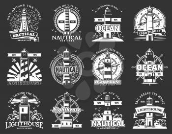 Nautical lighthouse monochrome icons design. Vector marine adventure, sea beacons with light beams, steering wheel and seagulls. Sailing navigation symbol, tower in ocean icon, seafarer badge