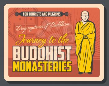 Buddhist monasteries retro advertisement with monk, stupa and swastika. Vector Buddhism religion symbols, meditating bold prayer in gown. Buddha temple, meditation relics, asian religion and culture