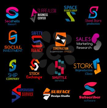 S letter corporate identity icons and company or brand name signs. Vector S business center, steel production industry and social investment group, construction service and marketing research agency