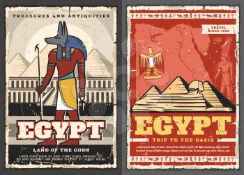 Egypt retro treasures and antiques, trip to oasis and land of gods. Vector Anubis egyptian god and cairo pyramids, sphinx and golden eagle coat of arms symbol. Coptic cross and hawk, Horus eye