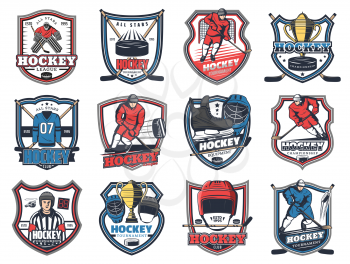 Ice hockey league isolated heraldic icons. Vector hockey winter sport championship, tournament club, trophy cup and player in protective suit, stick and puck, referee and skates, goalkeeper