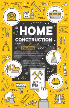 Home construction service. Vector diy tools, thin line carpentry symbols. Measure tape and hammer, helmet and spatula, diy items and woodwork plane grinder and screwdriver