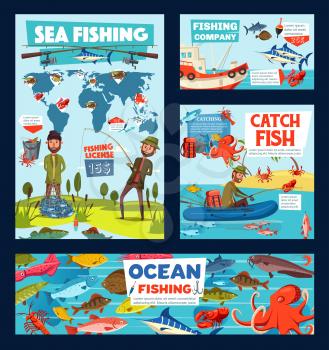 Sea fishing, fishery tentacles and seafood. Vector cartoon fisherman and marine animals, octopus, fish and crab. World map and fisherman with rod, fishing licence and boat or ship, backpack and net