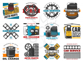 Auto spare parts and car repair services icons. Vector tuning and mechanic on duty, oil change and vehicle wash. Chassis shock absorber, engine oil filters and accumulator, pumping and plugs