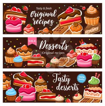Tasty desserts original recipes, tasty bakery food. Vector patisserie pastry and confectionery products. Cakes and cupcakes, muffins and waffles, pies with fruit jam, strawberries and raspberries