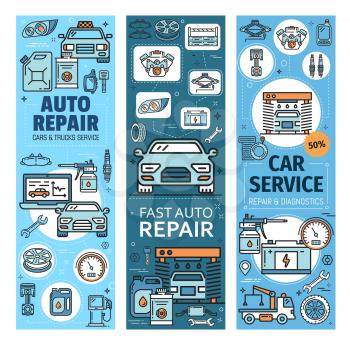 Auto repair, car and truck services linear icons. Vector fast vehicles computer diagnostics and maintenance, wash and oil change. Tire fitting, and petrol station, evacuation and taxi, spare parts