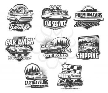 Car repair, rent and wash services isolated monochrome icons. Vector garage station and vehicle maintenance 24h, showroom of premium autos. Offroad extreme travel trucks, cars shipping and city taxi