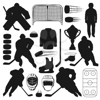 Ice hockey players and sport equipment isolated silhouettes. Vector winter sport game symbols, sticks and pucks, referee and gates. Male on skates, uniform helmets and trophy cup, goalkeeper