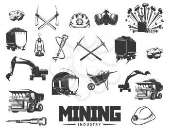 Mining industry isolated monochrome icons. Vector coal processing and production, extraction of minerals. Digging equipment, pick tools and wheelbarrow, miner helmet and excavator, boring machine