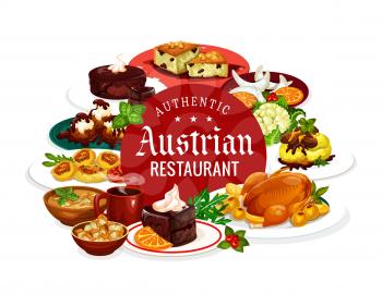 Austrian authentic restaurant, national cuisine dishes. Vector frame of food and desserts, Christmas goose and tyrolean beef stew goulash. Potato pasta with cabbage, beer soup