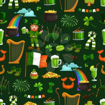Saint Patricks day seamless pattern, religious holiday and national symbols. Vector rainbow and harp, leprechaun with beer and pipe, bagpipe and pot of gold treasures. Shoes and cocktail, garland