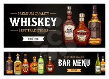 Whiskey bar menu and elite brands of alcohol drinks. Vector bottles of vodka and tequila, scotch and wine, cognac and vodka. Brandy and rum, vermouth and gin, spirit drinks and party beverages