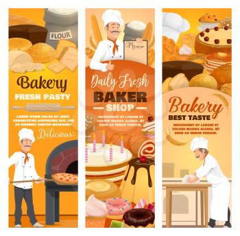 Bakery shop, baking of bread and pastry cakes. Vector baker in hat at oven, rolling dough at table and holds menu. Desserts and confectionery, buns and cupcakes, wheat and roy bagels, sack of floor
