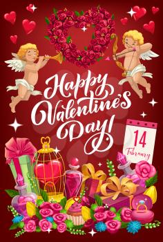 Happy Valentines day lettering and cupids with heart shape wreath. Vector symbols of love, heart in golden cage, calendar with February 14 date, flowers and elixir in bottle. Cupcake and present boxes