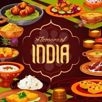 Indian cuisine food, vector design of rice dishes with vegetables, meat and seafood. Lentil curry, pork pilau and shrimp saffron soup, paneer cheese, prawns in sauce, potato samosa and semolina cake