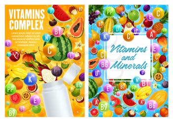 Vitamin and mineral complex of exotic fruits, vector design of health food. Blank plastic bottle with splash of pineapple, mango and orange, banana, watermelon and grape, fig and feijoa