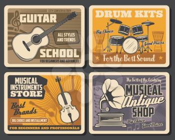Musical instruments and notes vector design with drums, guitar and violin, gramophone and vinyl records, djembe and treble clef. Music school, store and sound shop posters