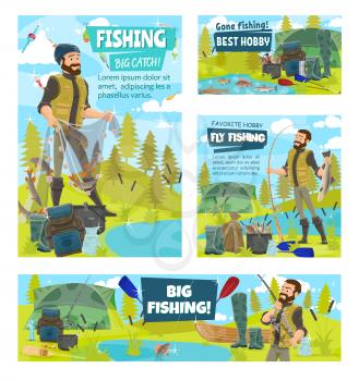 Fishermen and caught fish banners of fishing sport vector design. Fishers or anglers with fishing rod, net and boat, tackle, hook and lure, reel, tourism equipment and tent, salmon, tuna and perch