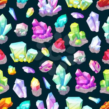Crystals, gem stones and rocks, minerals and gemstones seamless pattern background. Vector quartz, diamond and amethyst, sapphire, jade and salt, emerald, citrine and garnet. Precious gemstones design