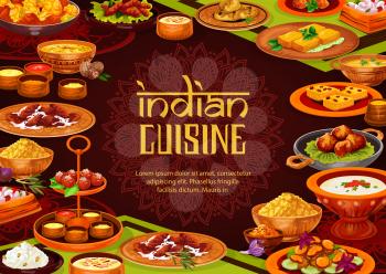 Indian food vector design of rice pilau with chicken curry, lentil seafood soup and milk dessert, paneer cheese, vegetable casserole and potato samosa, battered shrimps, semolina cake. Restaurant menu