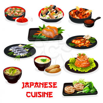Japanese cuisine baked meat and fish vector dishes with vegetables, chicken rice, eggs and seaweed, pork in ginger sauce, mushroom miso soup and yam dip, potato and chicken with peppers. Asian food