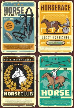 Horse racing, polo and riding club vector posters with race horses, jockey and rider at hippodrome. Equestrian sport racehorse, mallet and equine tack, horseshoe, racetrack and racecourse retro design