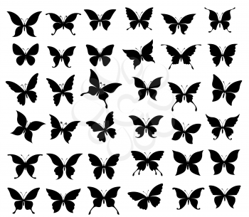 Butterfly black silhouettes of spring insects. Butterflies and moth with wide spread wings vector design, monarch, admiral and ringlet, peacock, archon and pavon, tattoo and nature themes