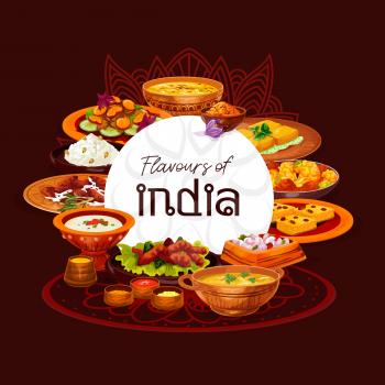 Indian cuisine thali dishes vector design, served with spice rice, meat curry and vegetable casserole. Seafood saffron and lentil soups, fried shrimps and paneer cheese, semolina cake and milk pudding