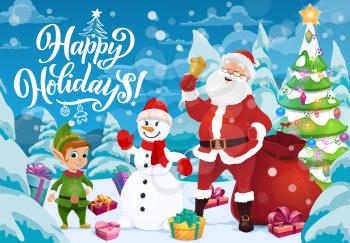 Santa, snowman and elf wishing Merry Christmas and Happy Holidays vector greeting card. Claus with bell, New Year gifts and Xmas tree, decorated with ribbon bows, balls and lights, star and snowflakes