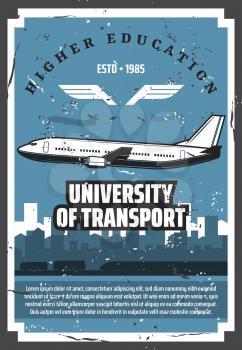 Civil aviation school, university of air aviation vintage retro posters. Vector passenger airplane pilot and flight attendant training center, airline service staff higher education courses