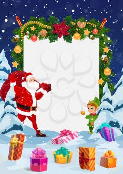 Santa and elf with Christmas gifts and blank signboard in frame of Xmas garland vector design. Claus bag of New Year presents, pine tree and snow, gingerbread, balls and star with copy space in center