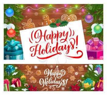 Christmas winter holidays vector banners with New Year gifts and presents. Xmas tree and holly berry, decorated with balls, lights and gingerbread, candy canes, snowflakes and ribbon bows