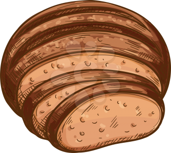 Brown bread loaf vector icon, bakery product. Round pastry food and slices sketch