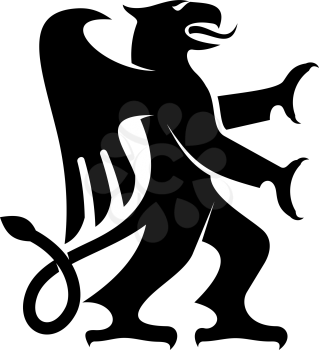Mythical creature, isolated heraldry black griffin. Vector griffon with body, tail and paws of lion, head of eagle