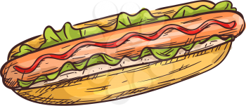 Hot dog with sausage, lettuce and ketchup isolated fastfood snack. Hotdog sketch of bun and frankfurter