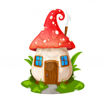 Fairy mushroom house, gnome dwelling. Vector fly agaric cartoon building, fairytale elf home with wooden door, windows and steaming pipe on roof. Isolated fantasy cute house on green field with path