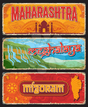 Maharashtra, Meghalaya and Mizoram Indian states vintage plates or banners. Vector travel destination aged signs, India landmarks. Retro grunge boards, worn touristic signboards plaques with ornament
