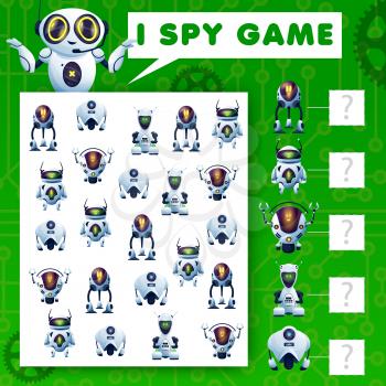 I spy riddle game, cartoon robots kids vector task, education puzzle with ai cyborgs. How many androids and bots test. Development of numeracy skills and attention, math worksheet page for children