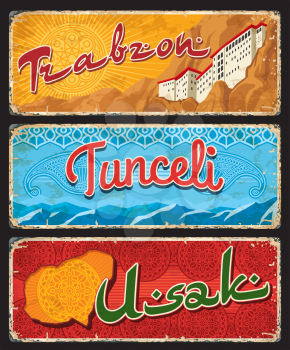 Trabzon, Tunceli and Usak Turkey il, provinces plates, vector banners of touristic Turkish landmarks. Retro grunge boards with islamic ornament and Sumela Monastery in mountains, travel plaques set