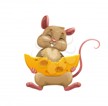 Happy cartoon mouse with cheese. Cute vector rat character bite large piece of cheese with holes isolated on white background. Funny overeat rodent animal or pet, fairy tale book or game personage