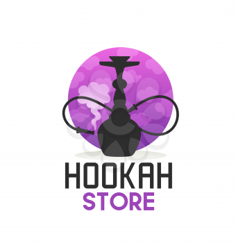 Hookah store icon with shisha, curved pipe and smoke. Vector emblem for hooka bar, lounge, restaurant or club. Oriental arabic equipment for vaporizing and smoking flavored tobacco with tube lablel