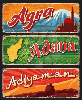 Agra, Adana, Adiyaman provinces of Turkey, il vintage plates or banners. Vector aged travel destination signs. Retro grunge boards, worn signboards of touristic Turkish landmarks plaques set