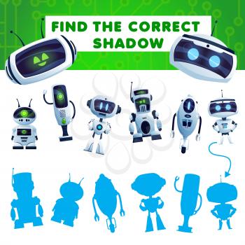 Find a shadow kids game with cartoon robots. Vector riddle match correct silhouettes of ai cyborgs. Children logic test with androids and artificial intelligence bots. Task for baby mind development