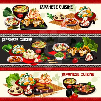 Japanese food vector banners of rice and noodles with shrimps, mushroom, miso beef and ginkgo seeds. Radish, carrot and turnip salads with soy sauce, pork and scallop stews with daikon and leek